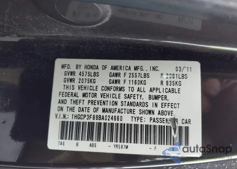 2011 Honda Accord 3.5 Ex-L из США, поврежденный, VIN 1HGCP3F89BA024660